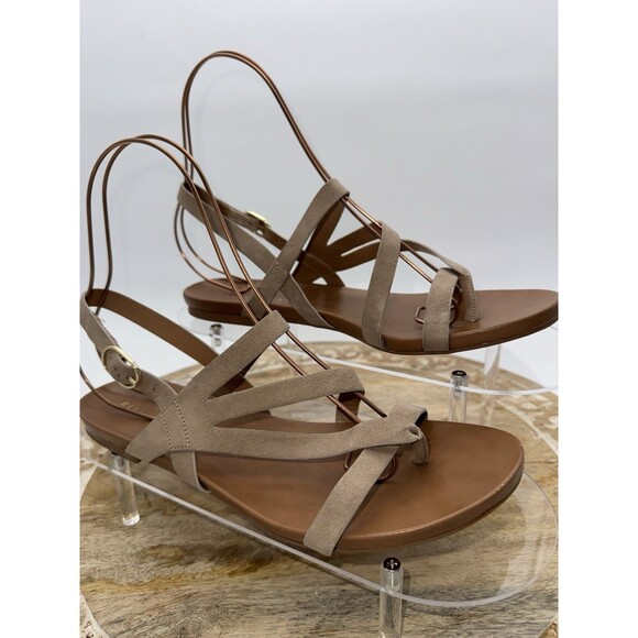 Kelly And Katie Strappy Flat Sandals Flip Flop Toe Wedge Size 9 Tan Brown Buckle - Picture 1 of 7